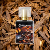 Oud Adnan perfume bottle with gold cap on oud wood background, premium fragrance.