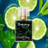 Sauvage Elixir perfume bottle with green label, surrounded by fresh lime slices and leaves.