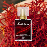 Baccarat Rouge 540 perfume bottle with gold cap on a background of red saffron threads.