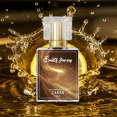 Elegant perfume bottle with golden cap and abstract label, surrounded by liquid splash effects