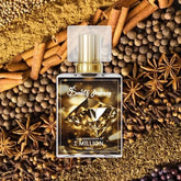 Perfume bottle labeled 1 Million on spices background, premium long-lasting fragrance for men
