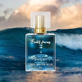 Cool Water Blue perfume bottle with gold cap, ocean wave background, fresh fragrance