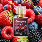 Perfume bottle with fruity label surrounded by fresh berries, premium fragrance, 50ml