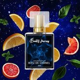 Perfume bottle inspired by Bleu de Chanel with citrus slices, mint, and green leaves on a starry background.
