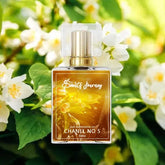 Chanel No 5 perfume impression bottle with golden label in front of blooming white jasmine flowers